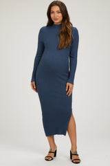 Navy Ribbed Mock Neck Side Slit Maternity Midi Dress