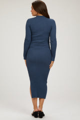 Navy Ribbed Mock Neck Side Slit Maternity Midi Dress