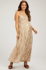 Cream Floral Shoulder Tie Tiered Maternity Maxi Dress