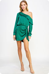 Forest Green One Shoulder Draped Satin Mini Dress