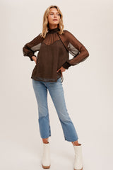 Dark Brown Ruffle Neckline Smocked Cuff Blouse