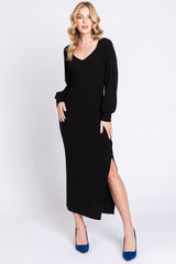 Black Soft Ribbed V-Neck Side Slit Maternity Midi Dress