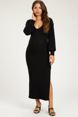 Black Soft Ribbed V-Neck Side Slit Maternity Midi Dress