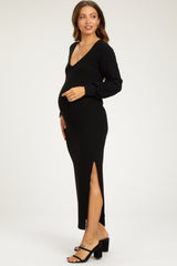 Black Soft Ribbed V-Neck Side Slit Maternity Midi Dress