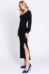 Black Soft Ribbed V-Neck Side Slit Midi Dress