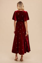 Burgundy All Over Floral Embroidered Velvet Maxi Dress