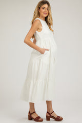 White Sleeveless Tiered Maternity Maxi Dress