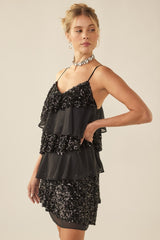 Black Multi Fabric Tiered Sequin Dress