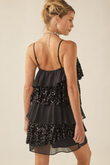 Black Multi Fabric Tiered Sequin Dress