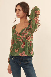 Green Pleated Floral Chiffon Peplum Peasant Top