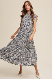 Navy Floral Ruffle Mock Neck Tiered Midi Dress