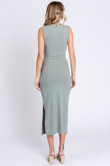 Sage Rib Knit Side Tie Midi Dress