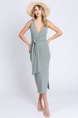 Sage Rib Knit Side Tie Maternity Midi Dress