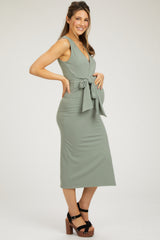 Sage Rib Knit Side Tie Maternity Midi Dress