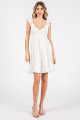 White Textured Polka Dot Eyelet Shoulder V-Neck Maternity Dress