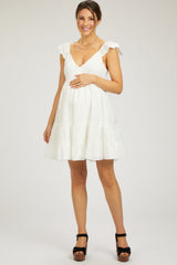 White Textured Polka Dot Eyelet Shoulder V-Neck Maternity Dress