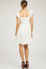 White Textured Polka Dot Eyelet Shoulder V-Neck Maternity Dress