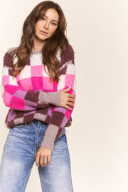 Pink Multi Multicolor Checkered Knit Sweater