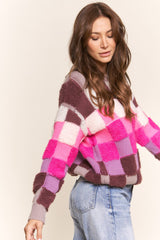 Pink Multi Multicolor Checkered Knit Sweater