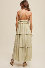 Light Olive Striped Ruffle Tiered Maxi Dress