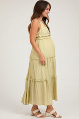 Light Olive Striped Ruffle Tiered Maternity Maxi Dress