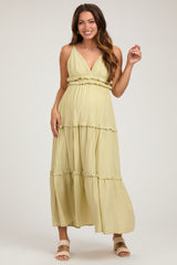 Light Olive Striped Ruffle Tiered Maternity Maxi Dress