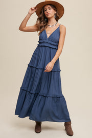 Navy Blue Striped Ruffle Tiered Maxi Dress