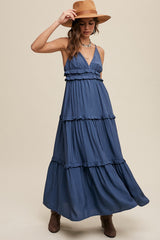 Navy Blue Striped Ruffle Tiered Maxi Dress