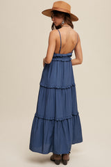 Navy Blue Striped Ruffle Tiered Maxi Dress