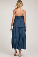 Navy Blue Striped Ruffle Tiered Maternity Maxi Dress