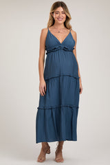 Navy Blue Striped Ruffle Tiered Maternity Maxi Dress