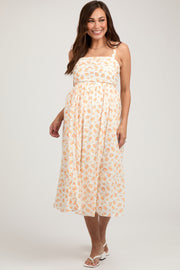 Orange Floral Textured Dot Square Neck Maternity Midi Dress