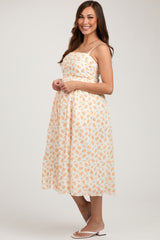 Orange Floral Textured Dot Square Neck Maternity Midi Dress