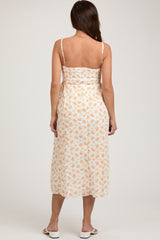 Orange Floral Textured Dot Square Neck Maternity Midi Dress