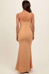 Camel Sleeveless Ribbed Maternity Maxi Dress