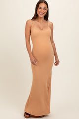 Camel Sleeveless Ribbed Maternity Maxi Dress