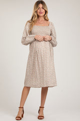 Beige Floral Print Long Sleeve Maternity Midi Dress