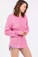 Light Pink Waffle Knit Round Hem Sweater