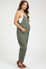 Olive Knit Front Pocket Maternity Overall