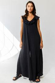 Black Ruffle Accent Wide Leg Jumpsuit