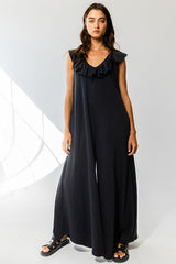 Black Ruffle Accent Wide Leg Maternity Jumpsuit