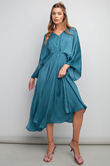 Teal Dull Satin V Neck Dress