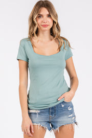 Light Olive Square Neck Short Sleeve Top