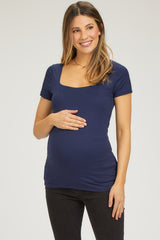 Navy Blue Square Neck Short Sleeve Maternity Top