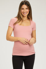 Pink Square Neck Short Sleeve Maternity Top