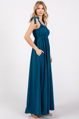 Teal Square Neck Shoulder Tie Maxi Dress