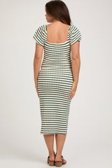 Forest Green Striped Drawstring Ruched Front Maternity Midi Dress