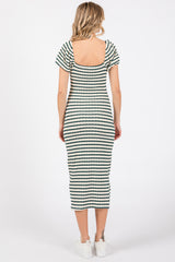 Forest Green Striped Drawstring Ruched Front Midi Dress