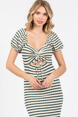 Forest Green Striped Drawstring Ruched Front Midi Dress