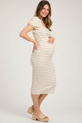 Grey Striped Drawstring Ruched Front Maternity Midi Dress